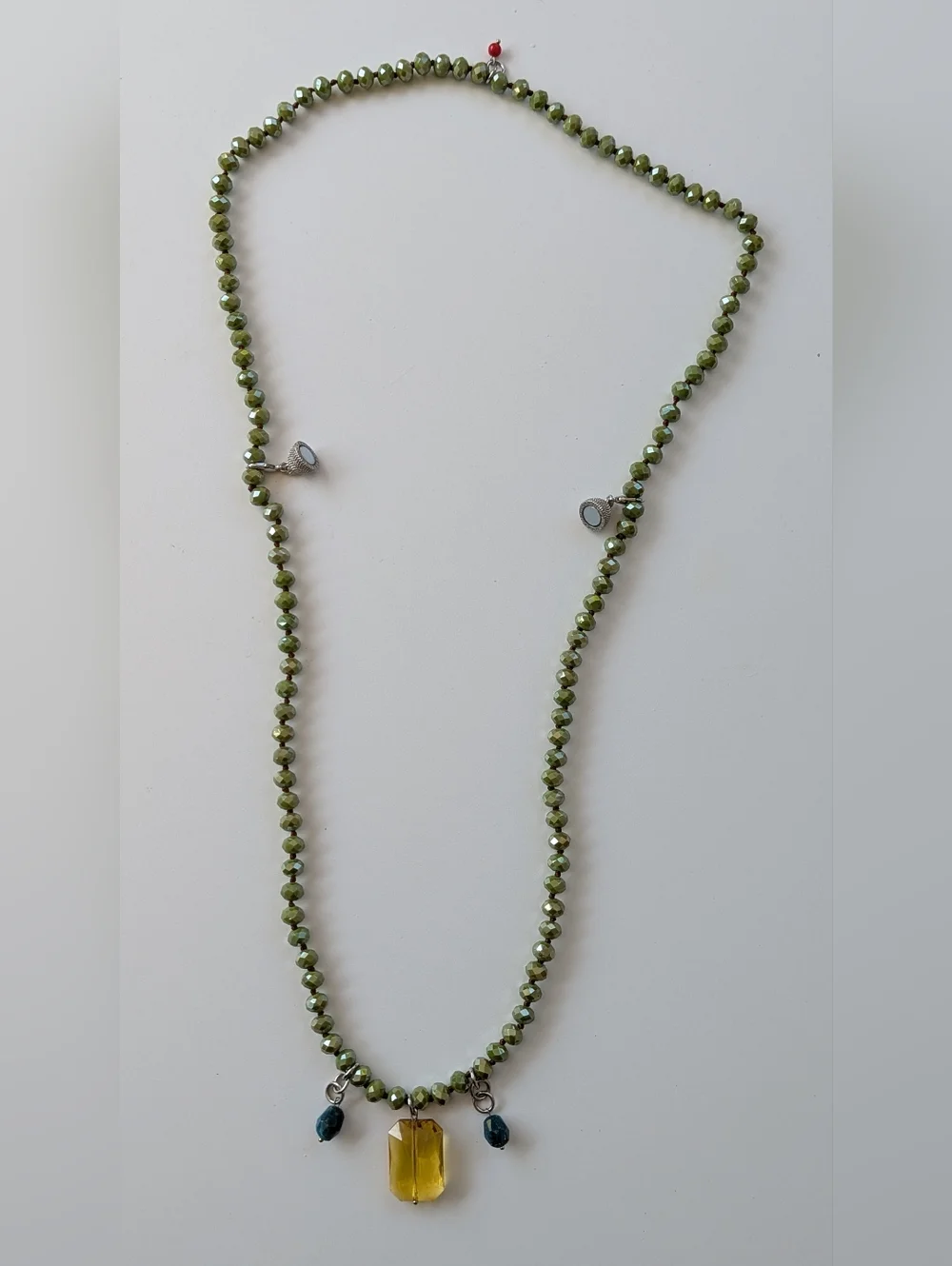 Katia Designs Green Olivine Crystal Necklace Yellow, Aqua, Red Accent Beads - Picture 2 of 5